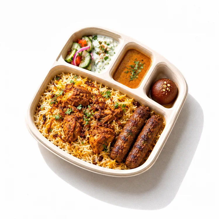 Biryani and kebab meal with raita, salan, salad and dessert for bulk food ordering in Bangalore