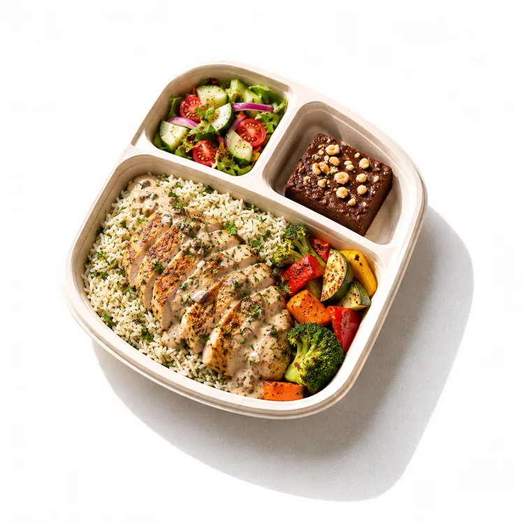 Continental working lunch with grilled chicken, herbed rice, roasted vegetables, salad and dessert for corporate catering in Bangalore