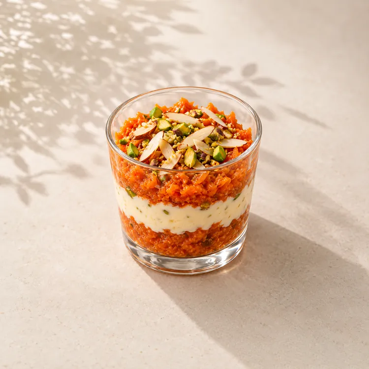 Gajar halwa cream cup with roasted almonds and pistachios for Diwali office orders in Bangalore