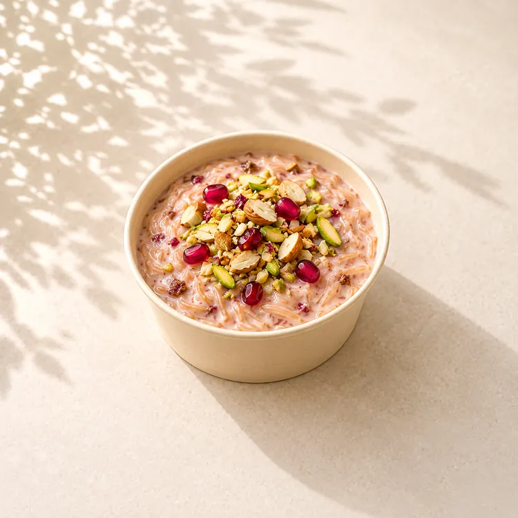 Gulkand badam semiya pudding topped with almonds, pistachios and pomegranate for Diwali office orders in Bangalore