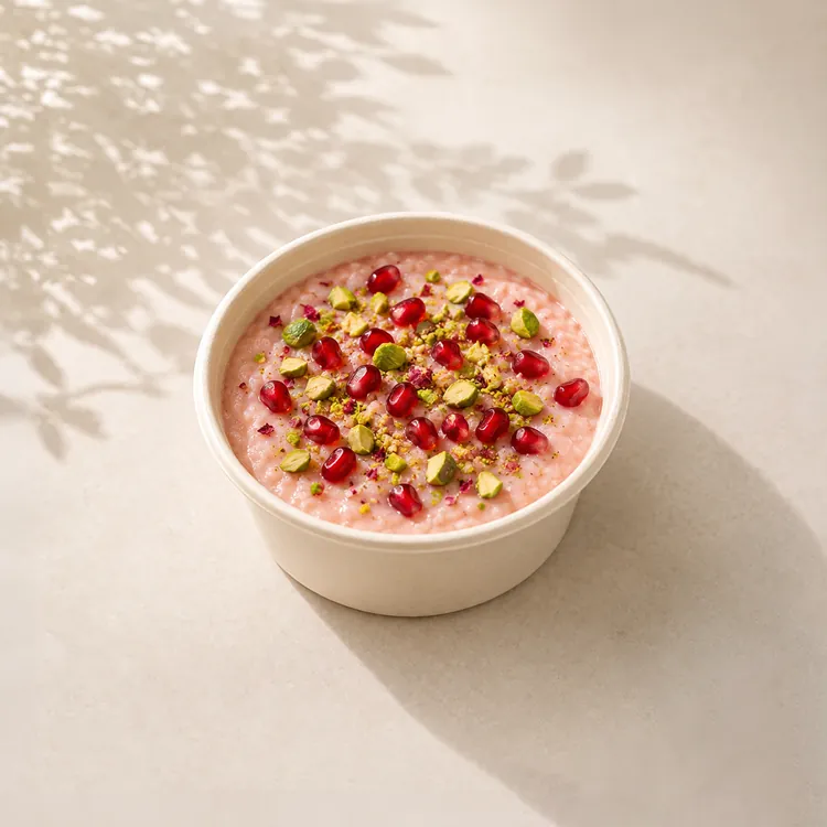 Rose pomegranate phirni topped with pomegranate seeds and pistachios for Diwali office orders in Bangalore