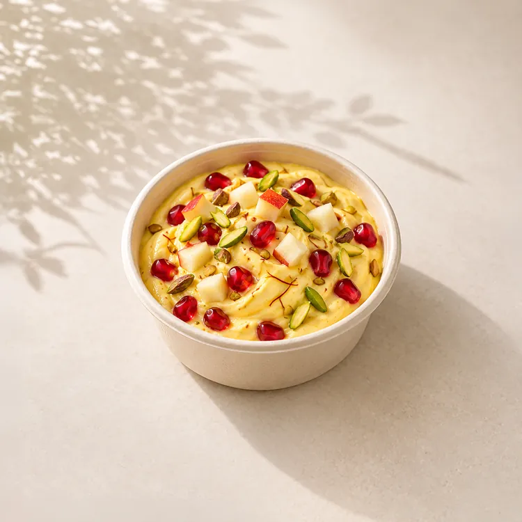 Saffron shrikhand topped with pomegranate, apple and pistachio for Diwali office orders in Bangalore
