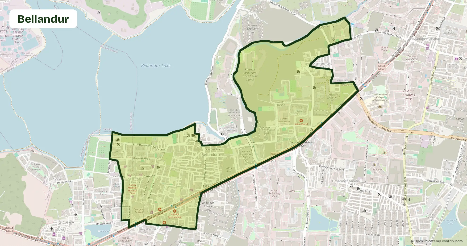 Map of Bellandur, Bangalore, outlining the area where Carb Theory delivers corporate catering and office meals