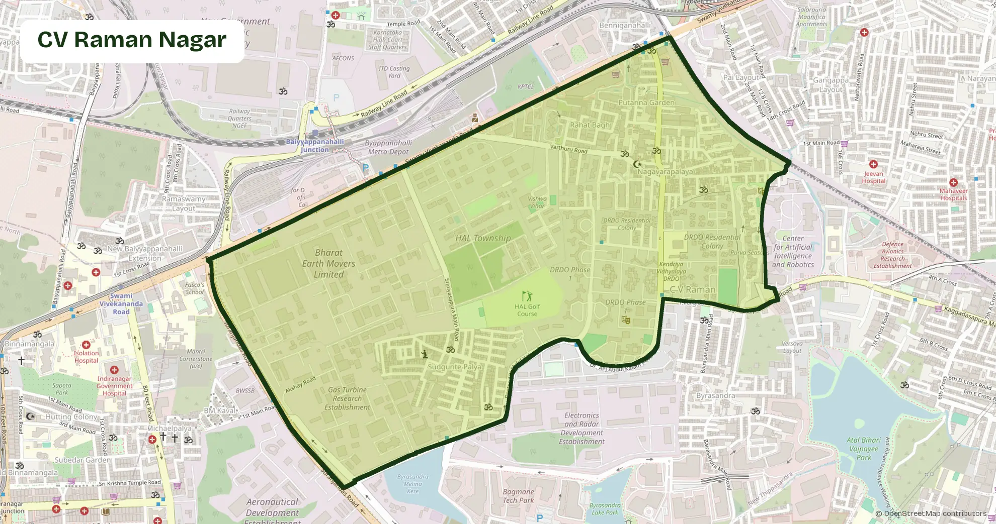 Map of CV Raman Nagar, Bangalore, outlining the area where Carb Theory delivers corporate catering and office meals