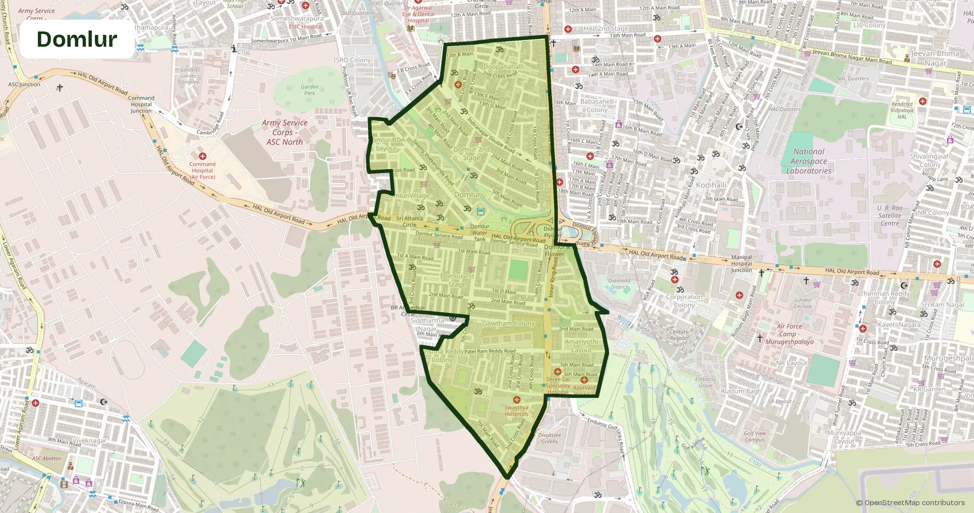 Map of Domlur, Bangalore, outlining the area where Carb Theory delivers corporate catering and office meals