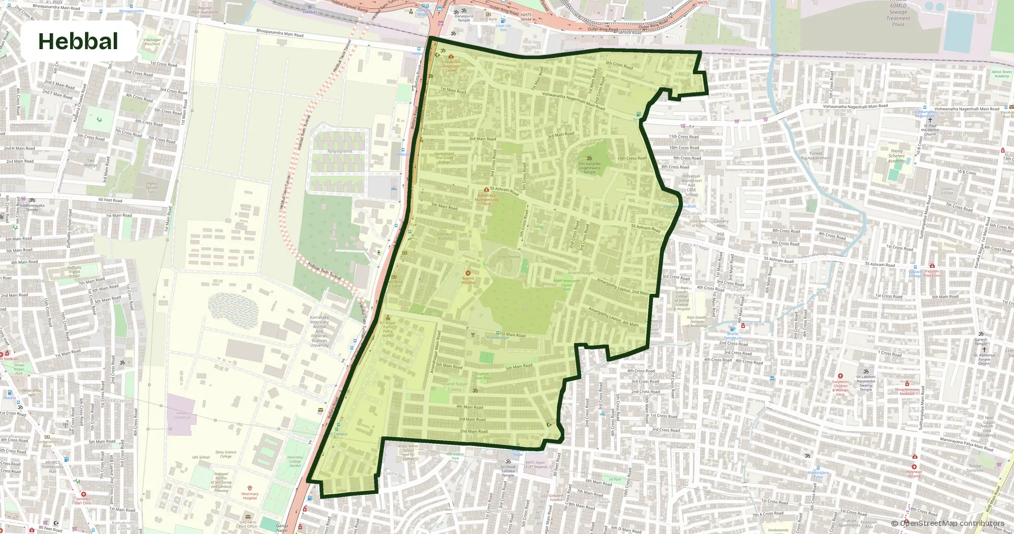 Map of Hebbal, Bangalore, outlining the area where Carb Theory delivers corporate catering and office meals