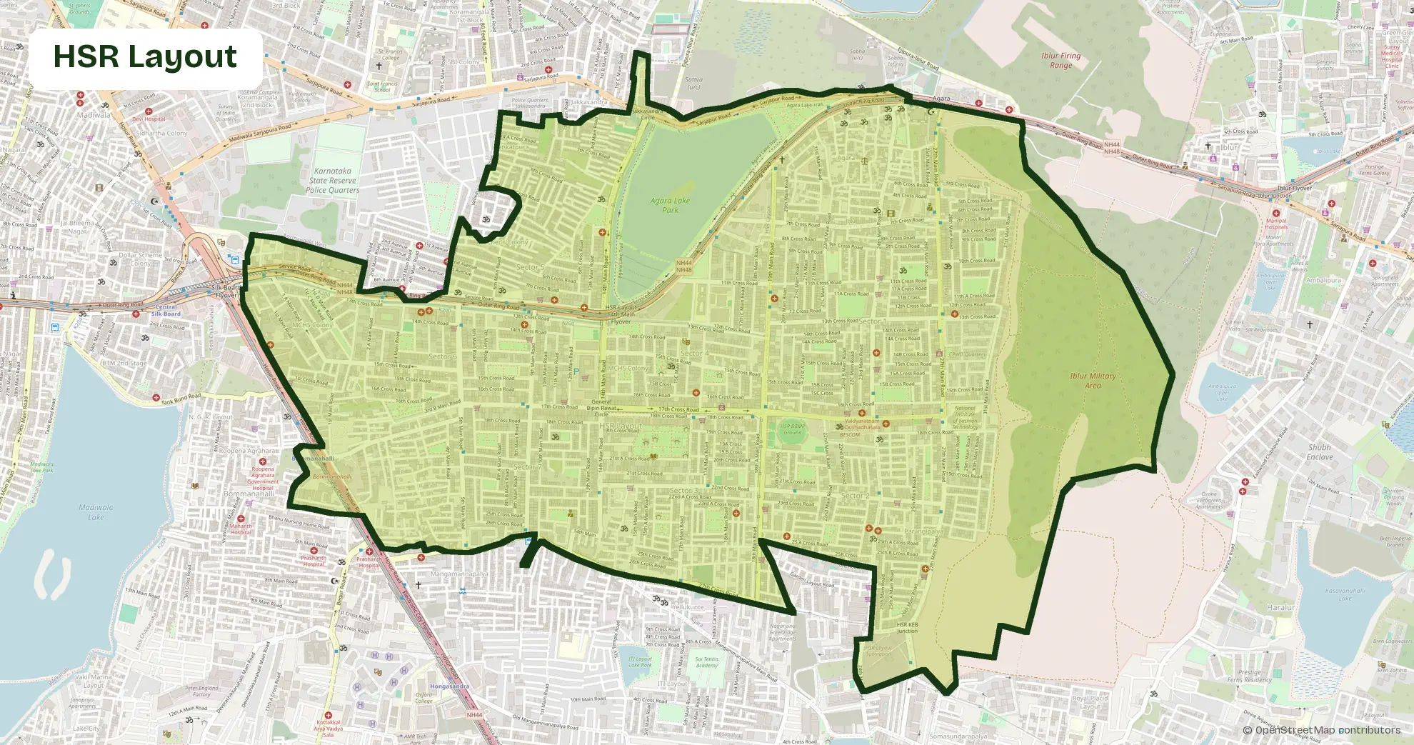 Map of HSR Layout, Bangalore, outlining the area where Carb Theory delivers corporate catering and office meals