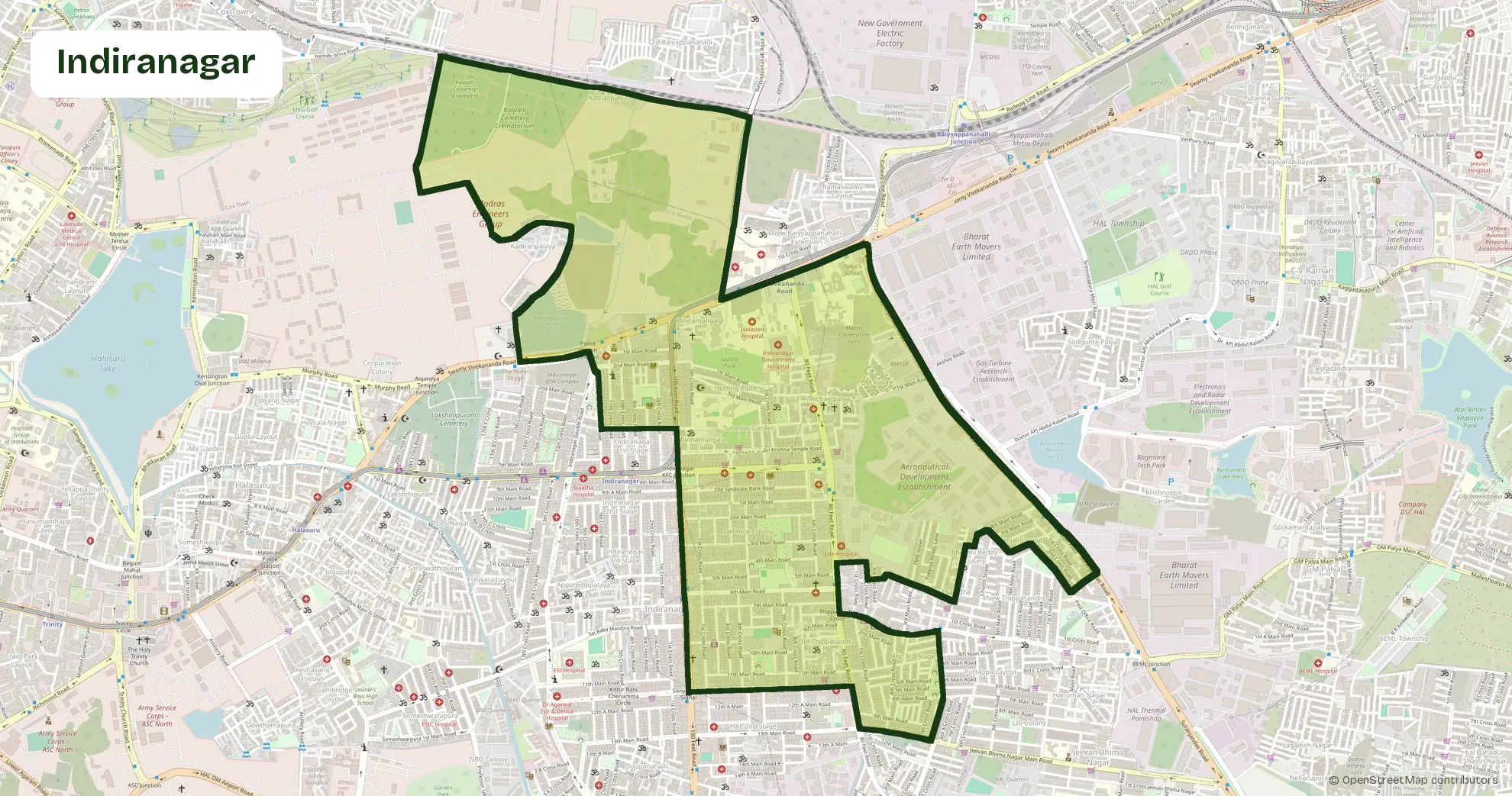 Map of Indiranagar, Bangalore, outlining the area where Carb Theory delivers corporate catering and office meals