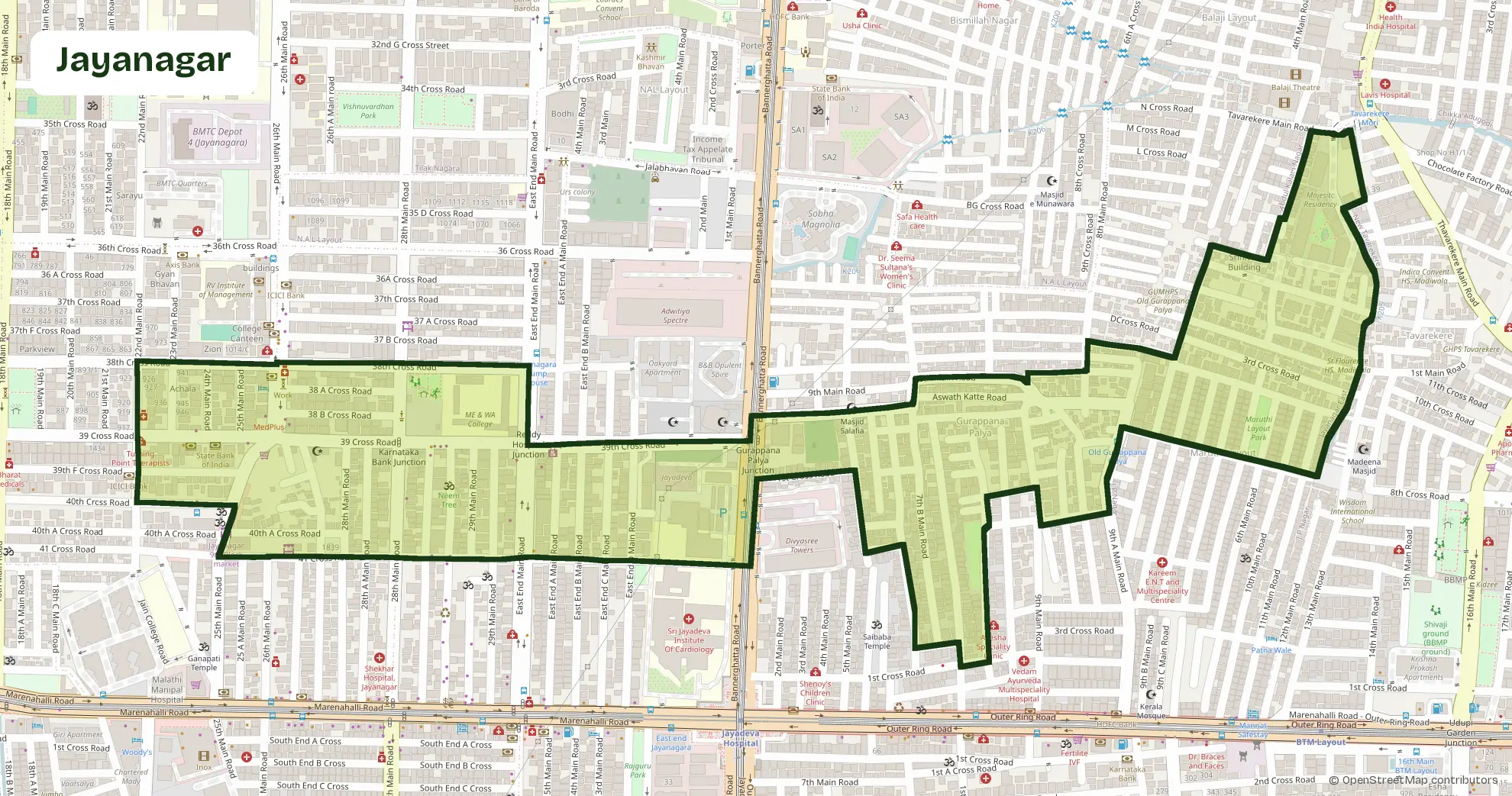 Map of Jayanagar, Bangalore, outlining the area where Carb Theory delivers corporate catering and office meals