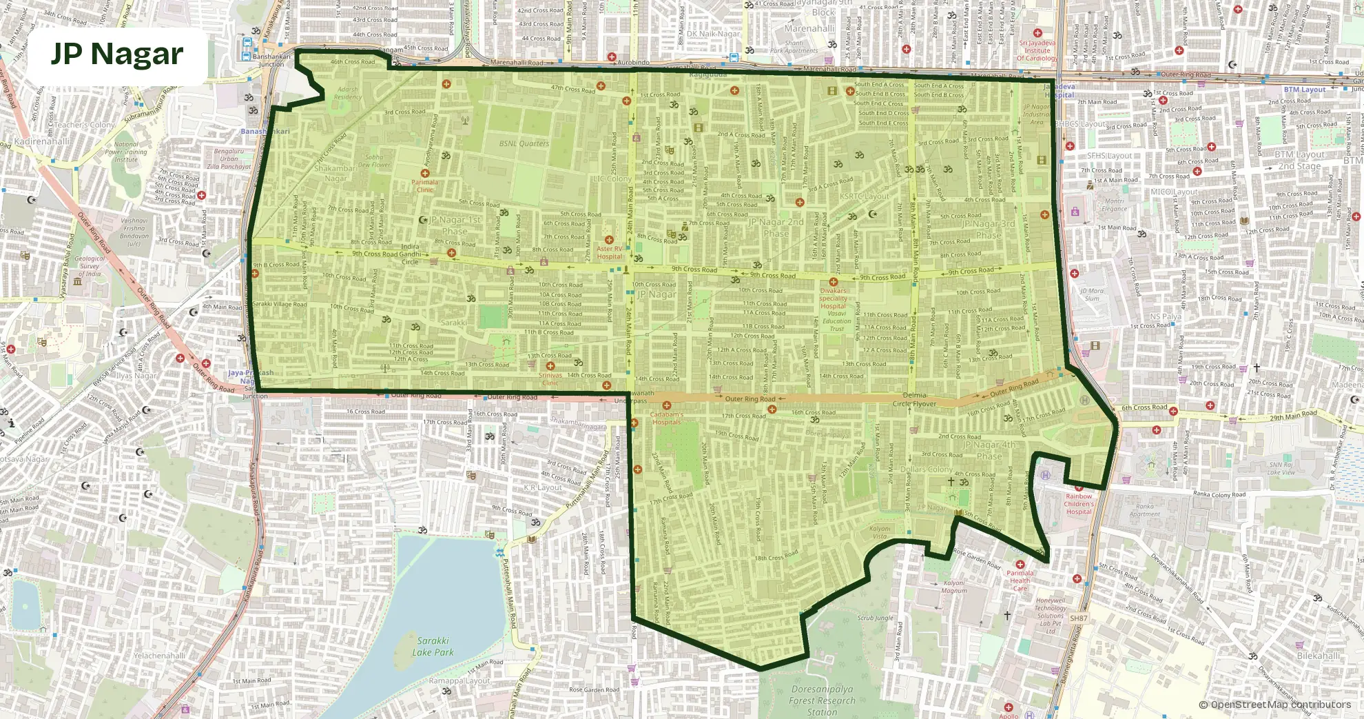Map of JP Nagar, Bangalore, outlining the area where Carb Theory delivers corporate catering and office meals