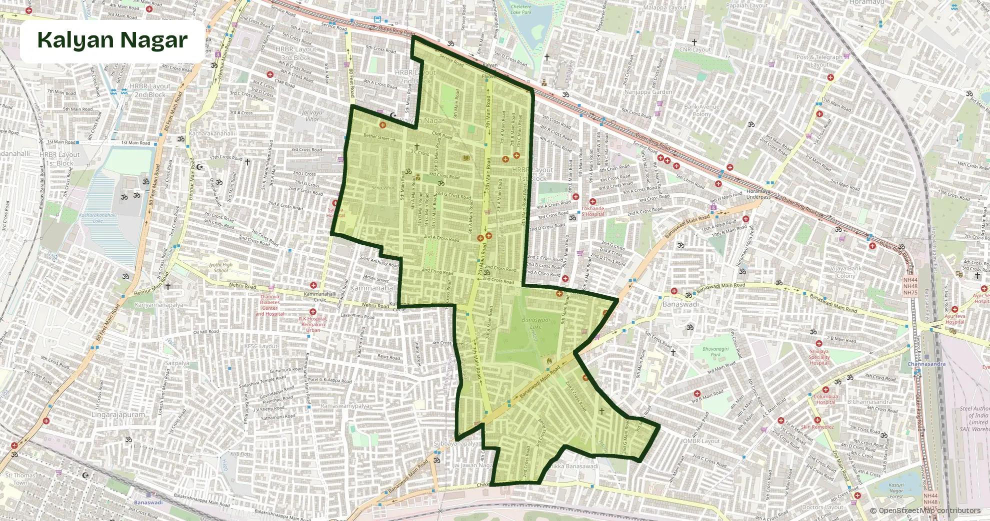 Map of Kalyan Nagar, Bangalore, outlining the area where Carb Theory delivers corporate catering and office meals