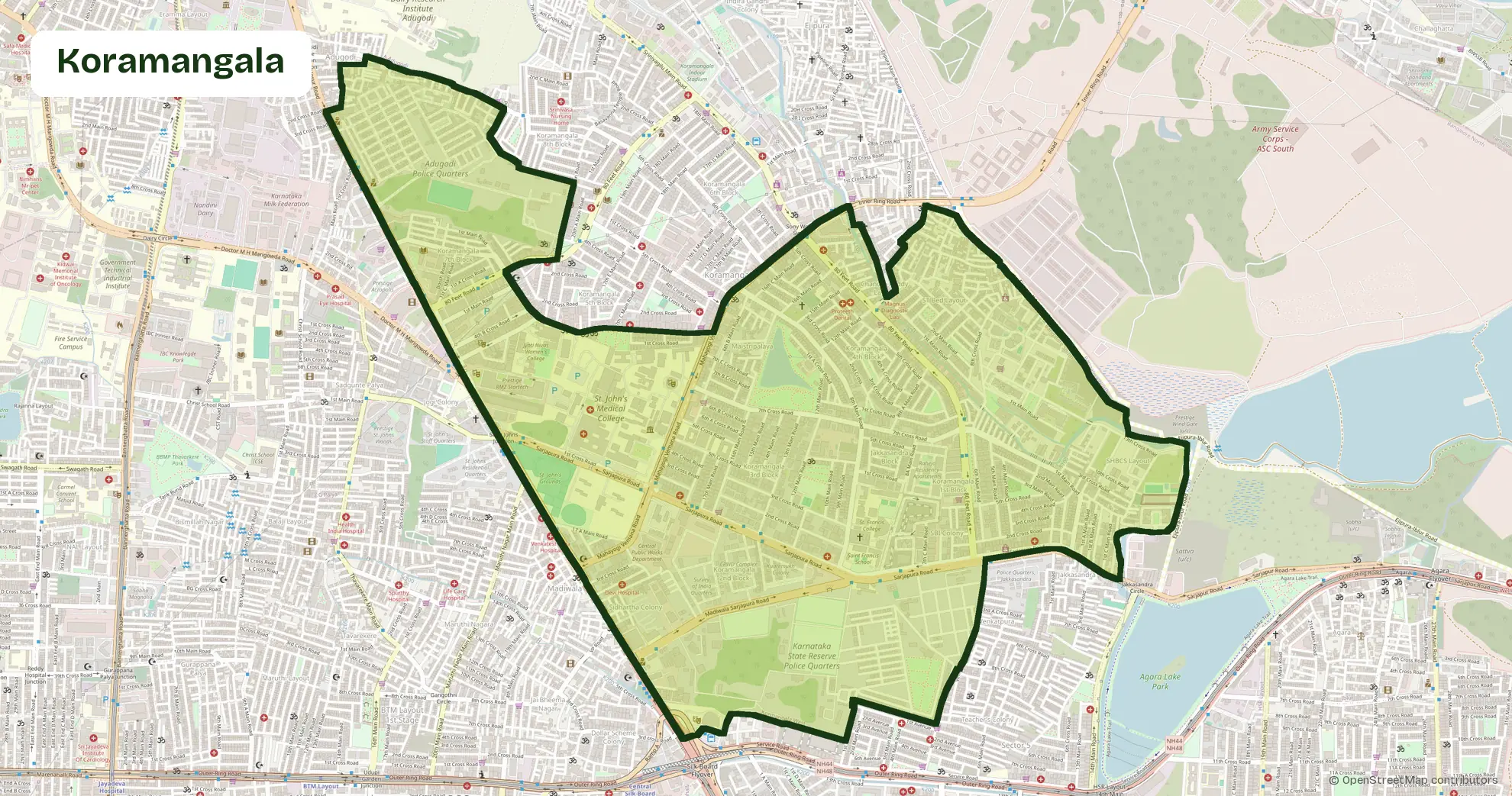 Map of Koramangala, Bangalore, outlining the area where Carb Theory delivers corporate catering and office meals