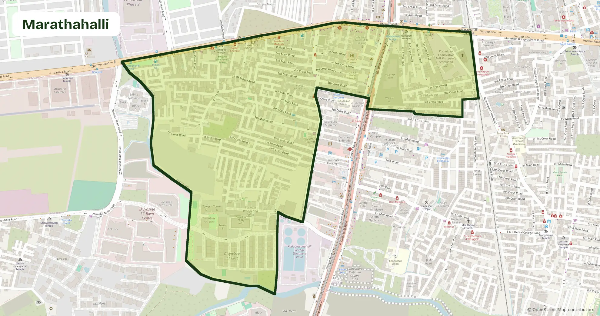 Map of Marathahalli, Bangalore, outlining the area where Carb Theory delivers corporate catering and office meals