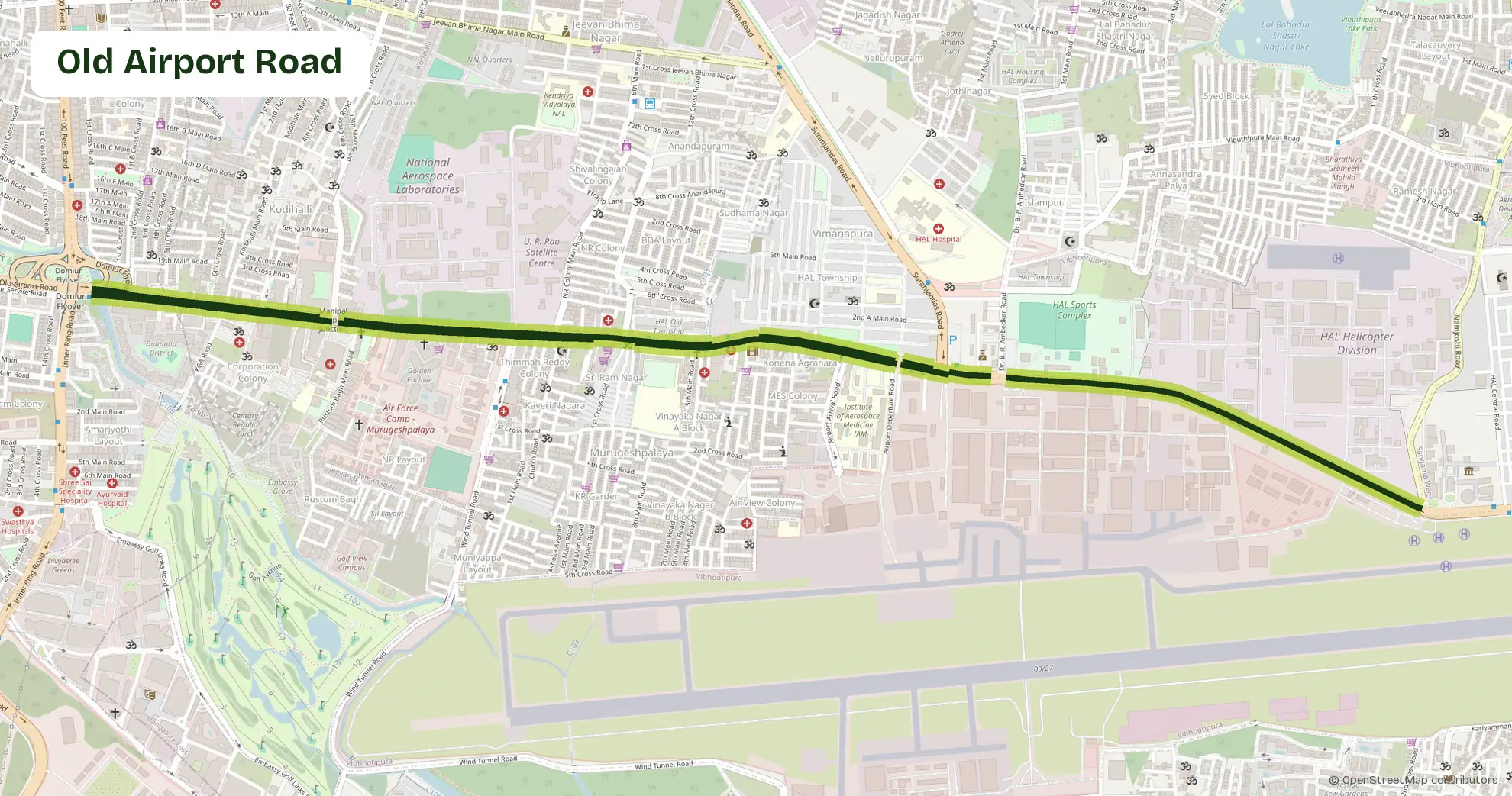 Map of Old Airport Road, Bangalore, outlining the area where Carb Theory delivers corporate catering and office meals