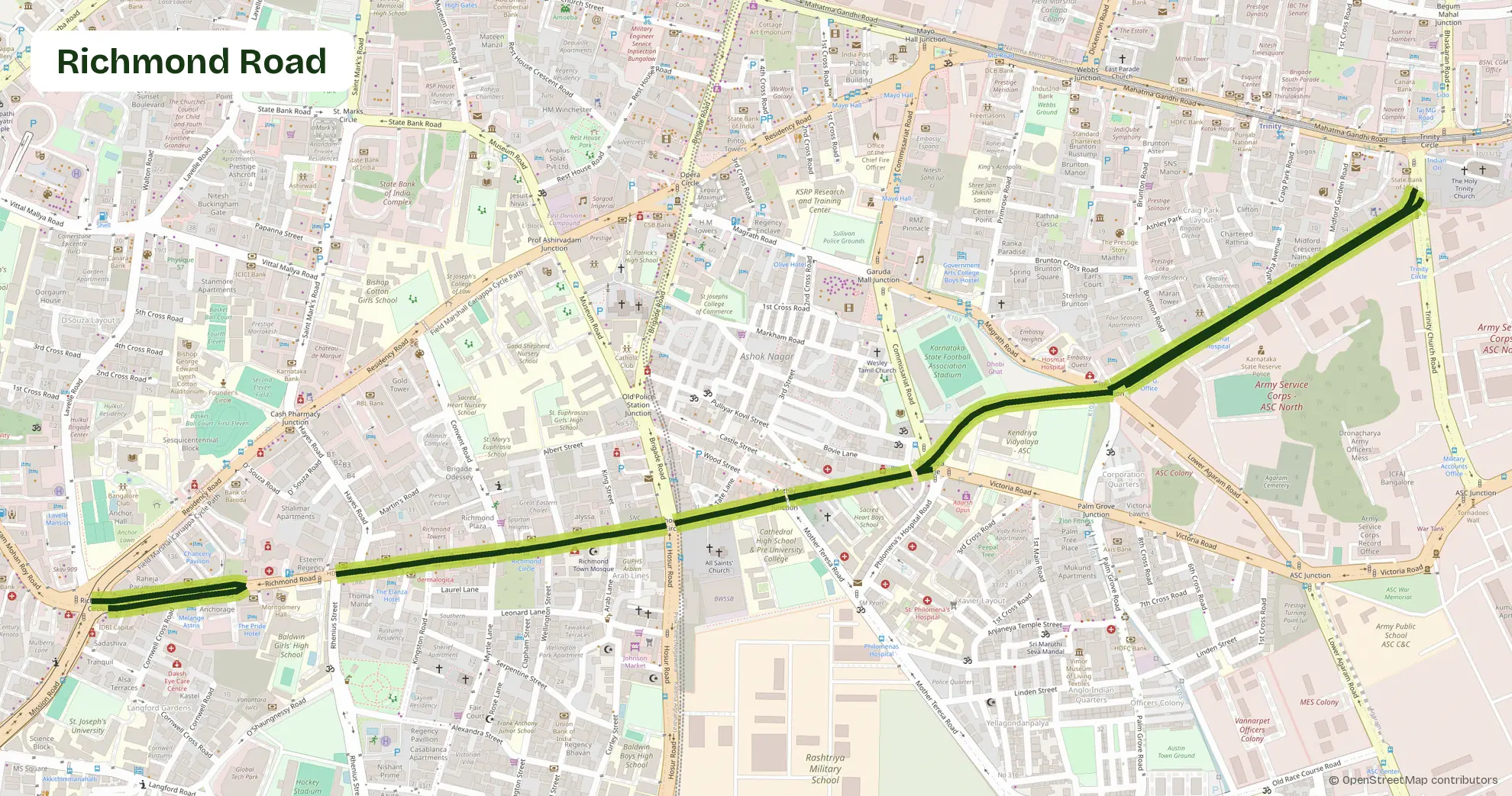 Map of Richmond Road, Bangalore, outlining the area where Carb Theory delivers corporate catering and office meals