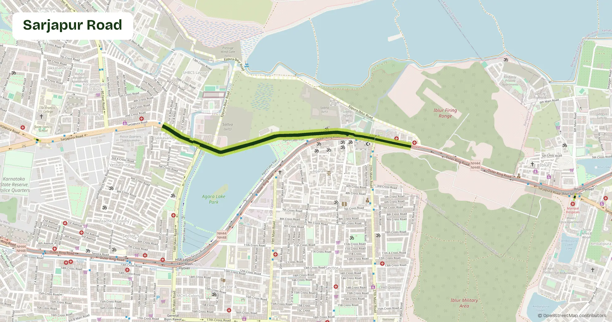 Map of Sarjapur Road, Bangalore, outlining the area where Carb Theory delivers corporate catering and office meals