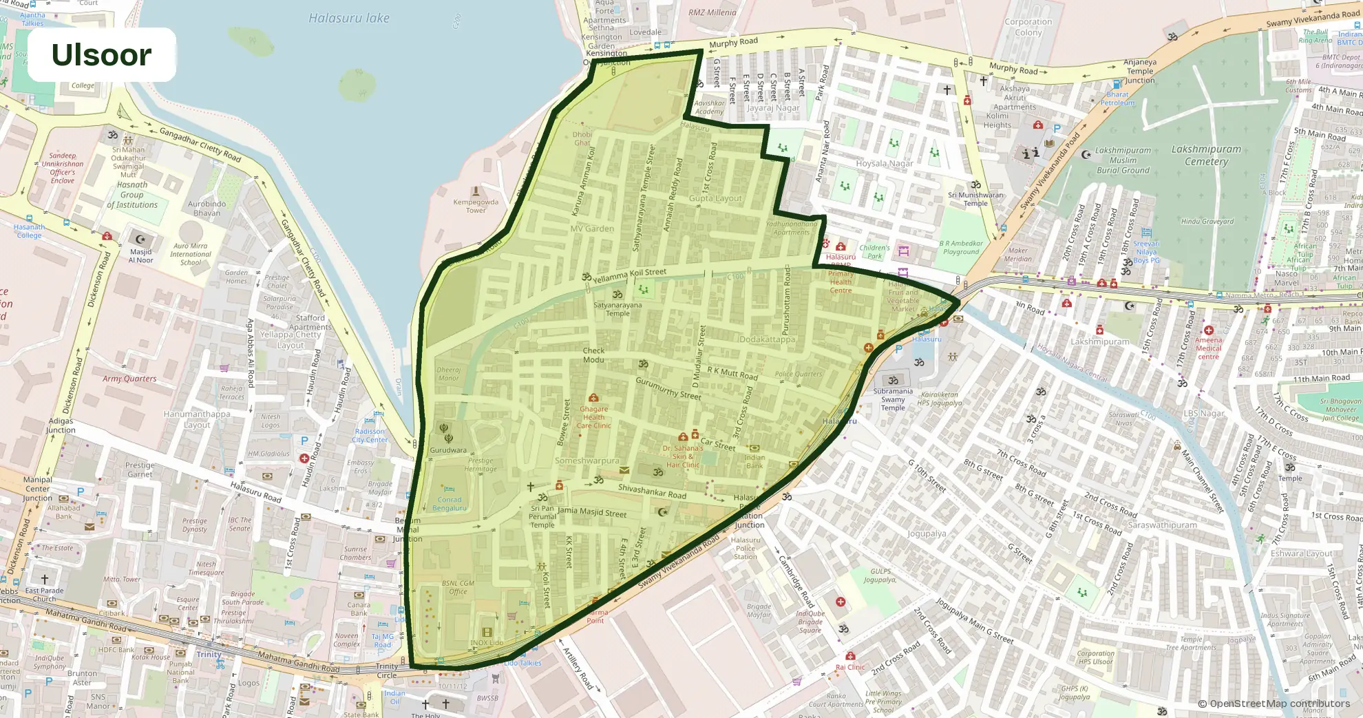Map of Ulsoor, Bangalore, outlining the area where Carb Theory delivers corporate catering and office meals