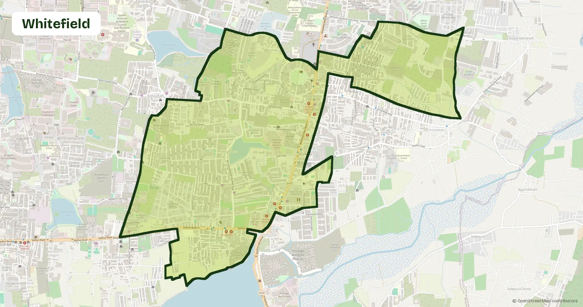 Map of Whitefield, Bangalore, outlining the area where Carb Theory delivers corporate catering and office meals