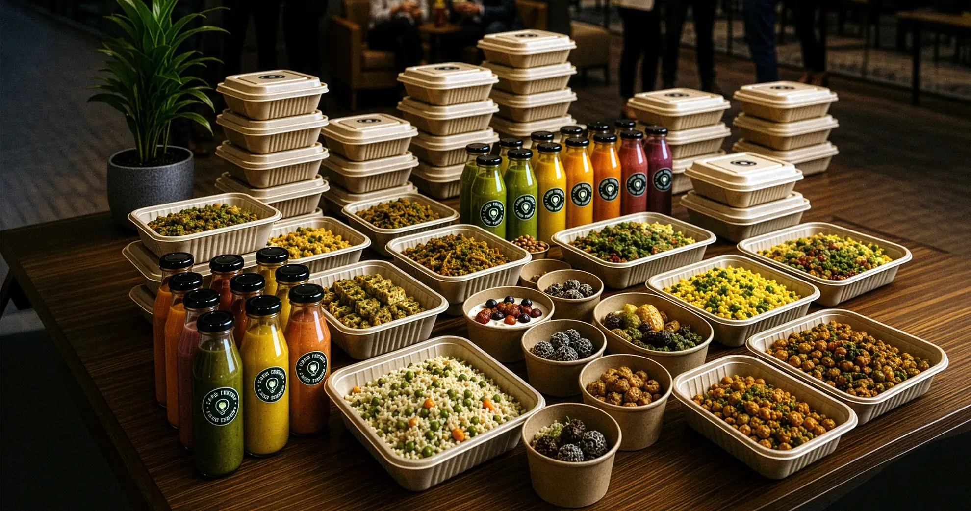 Corporate event catering spread in Bangalore with snack trays, sprouts, fruit cups, cold-pressed juices and stacked meal boxes on a buffet table