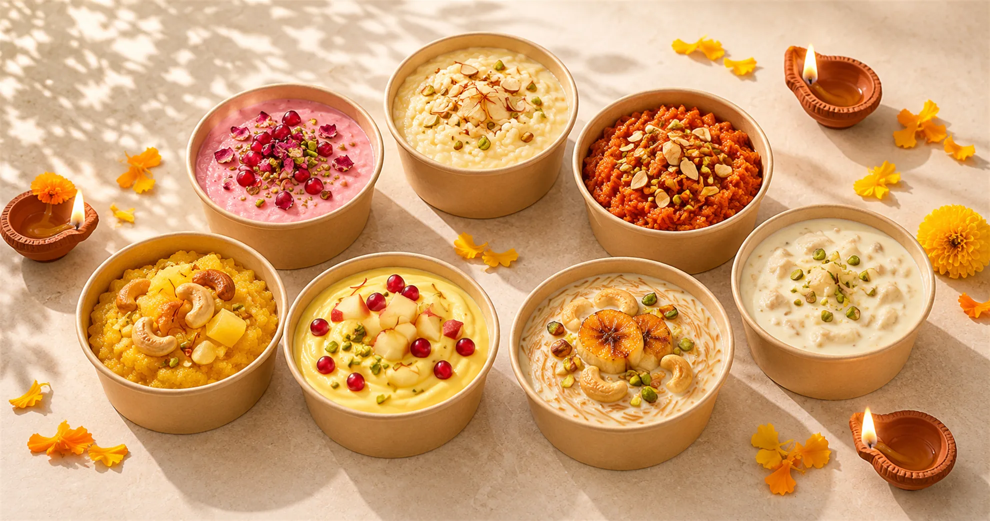 Diwali desserts in cups for office orders in Bangalore: rose phirni, saffron kheer, gajar halwa, pineapple kesari and shrikhand with diyas and marigolds