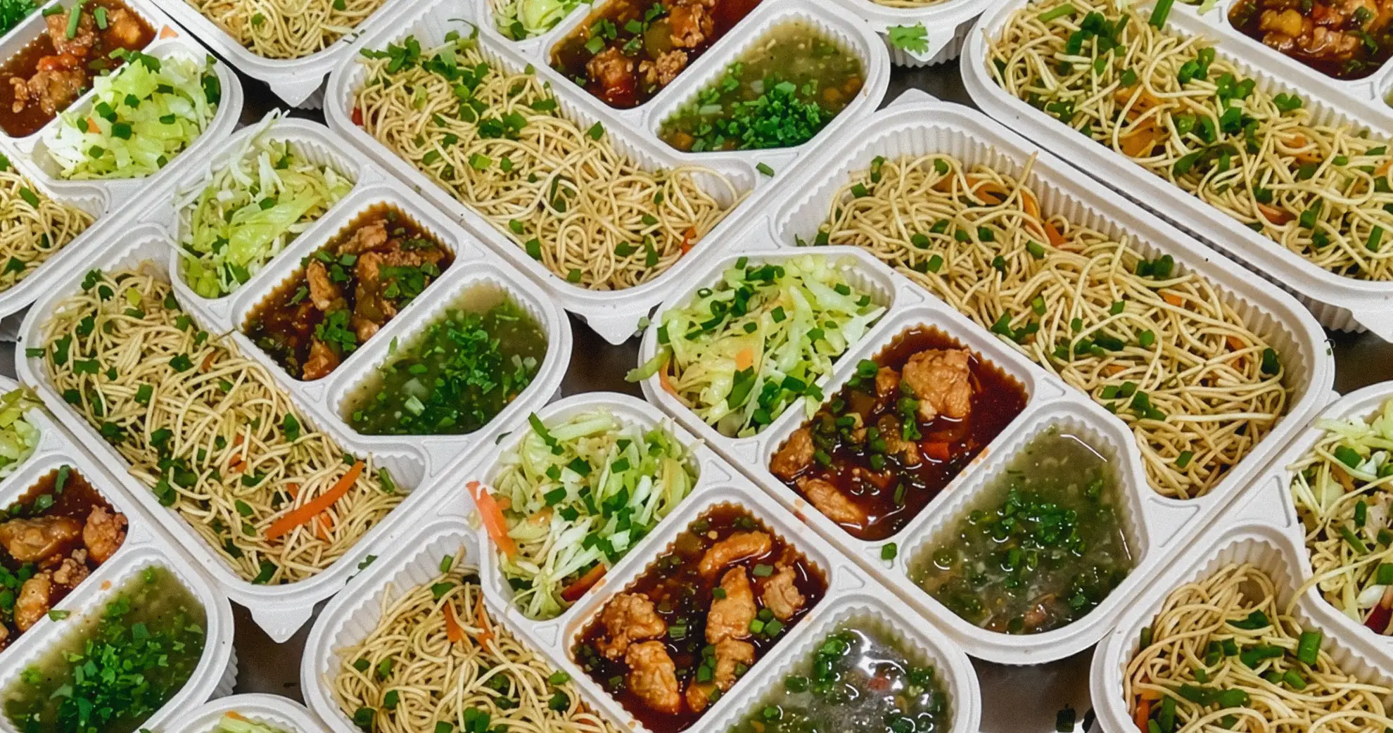 Dozens of packed meal boxes with noodles, chilli chicken, salad and soup lined up for a bulk office food order in Bangalore