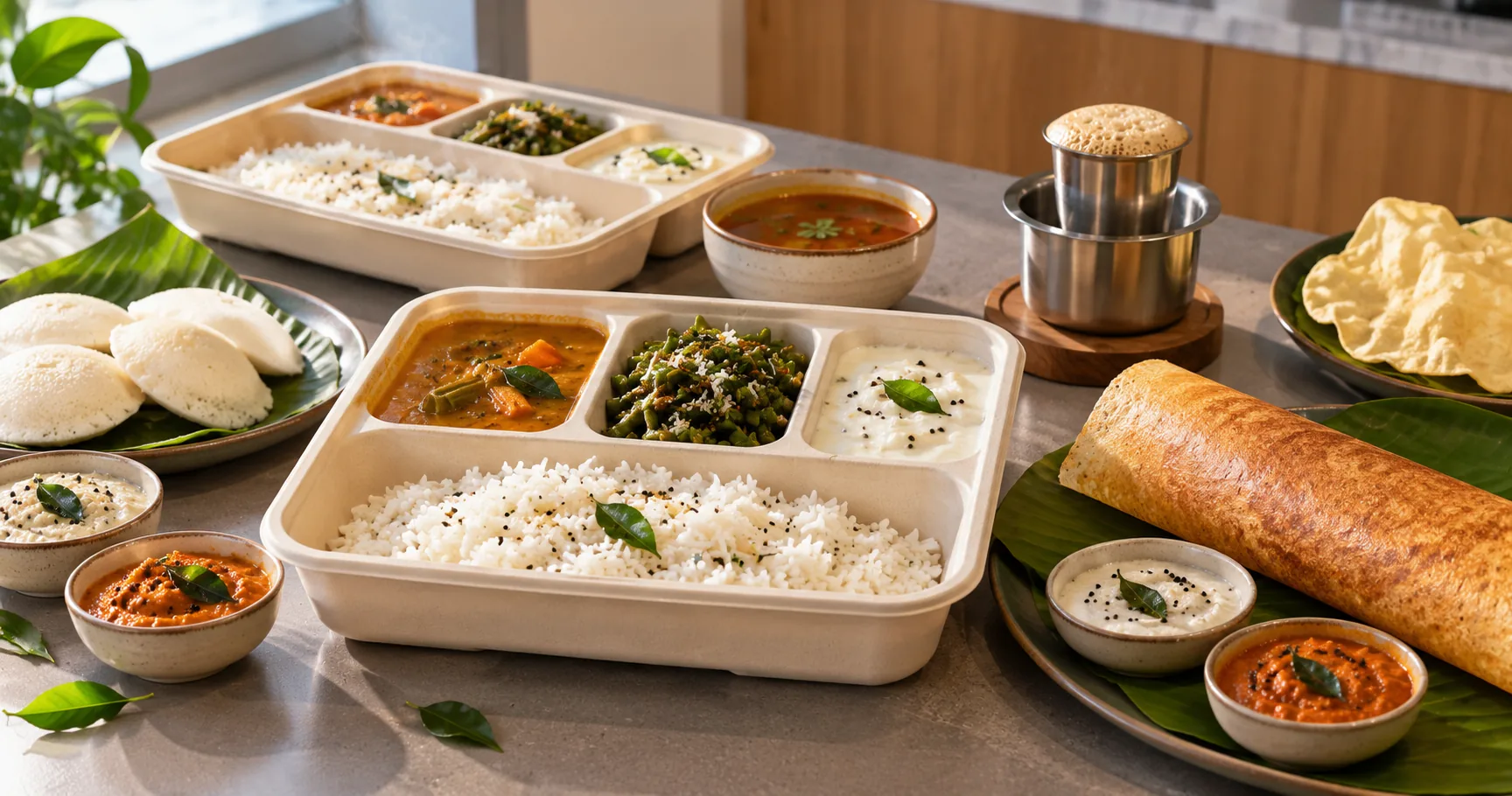 South Indian office catering in Bangalore: compartment meal boxes with rice, sambar, beans poriyal and curd, with idli, a crisp dosa, chutneys and filter coffee