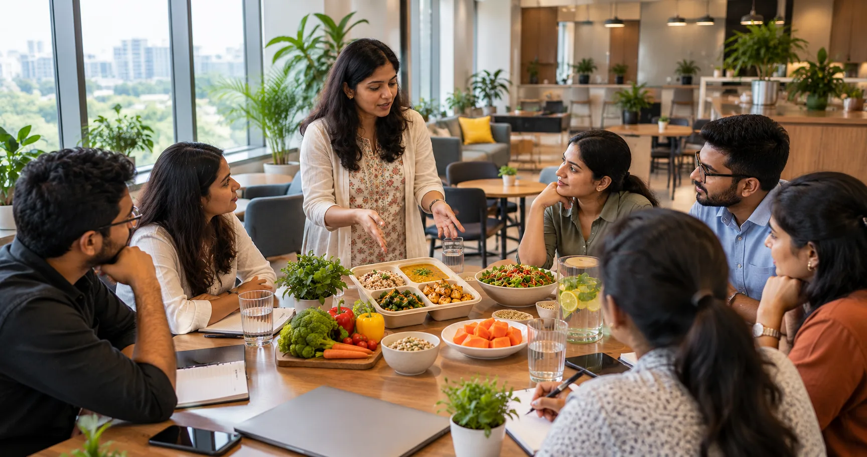 A nutritionist leads an office nutrition workshop for a Bangalore team around a table of balanced meal boxes, vegetables and salads