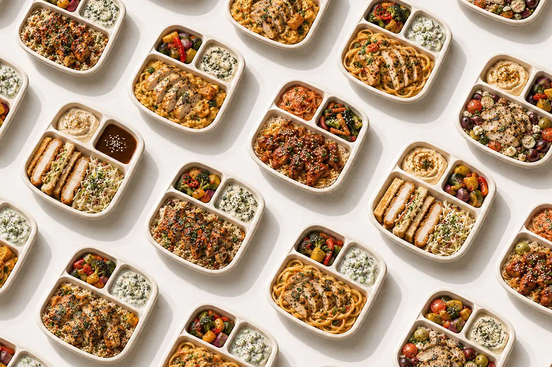Compartment meal boxes with grilled chicken on pasta, herbed grain bowls, crumbed cutlets with slaw, hummus and roasted vegetables for continental office catering in Bangalore
