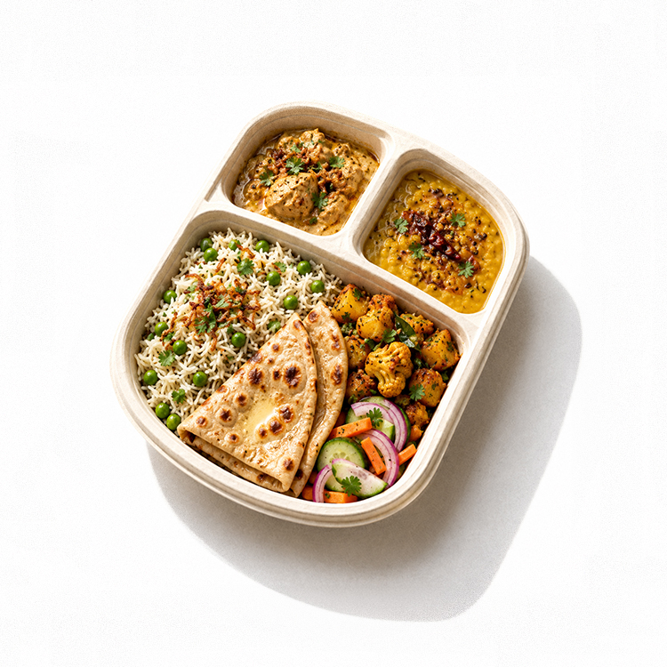 Awadhi chicken thali with chicken korma, mattar pulao, dal tadka, roti and salad