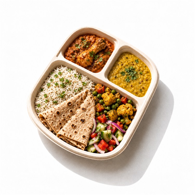 Home-style chicken curry meal with steamed rice, dal, seasonal sabzi, rotis and salad