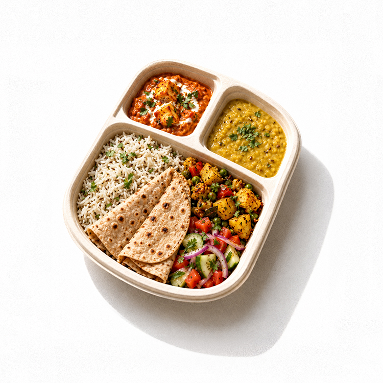 Home-style chicken curry meal with steamed rice, dal, seasonal sabzi, rotis and salad