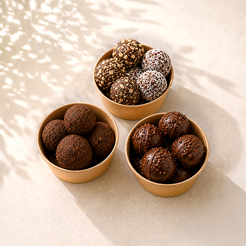 Three bowls of Carb Theory protein balls — cocoa, coconut and toasted seed coatings
