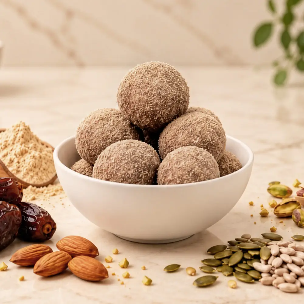Bowl of Carb Theory protein balls with dates, almonds, pistachios and pumpkin seeds