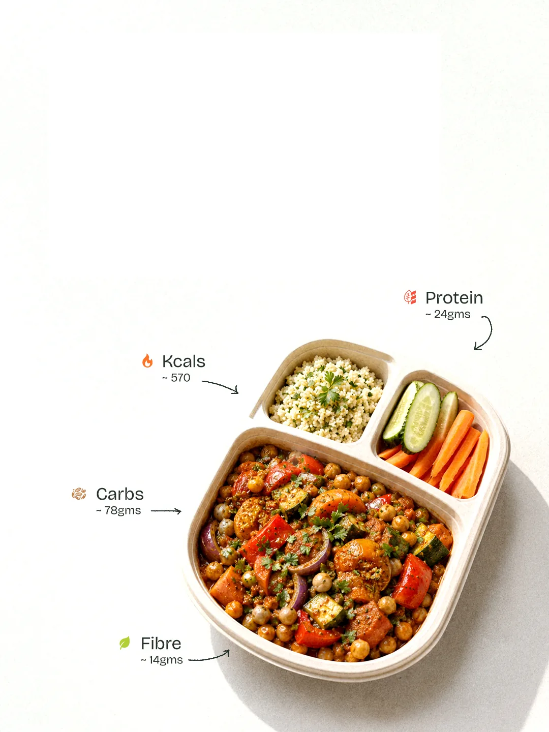Moroccan vegetable tagine with herbed couscous and fresh crudités in a Carb Theory office meal box