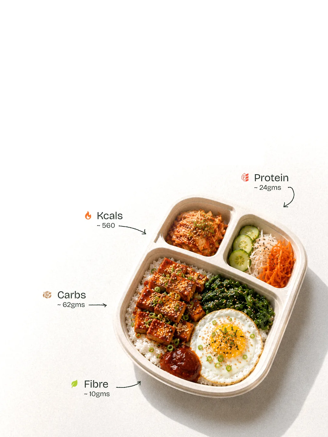 Korean bibimbap with gochujang tofu, kimchi and a fried egg in a Carb Theory office meal box