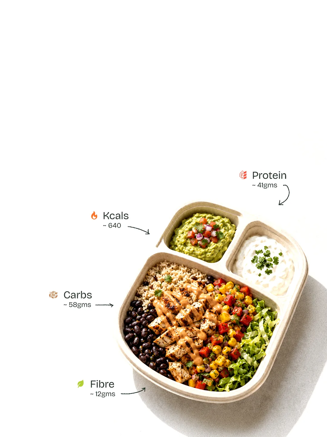 Mexican burrito bowl with grilled chicken, black beans and guacamole in a Carb Theory office meal box