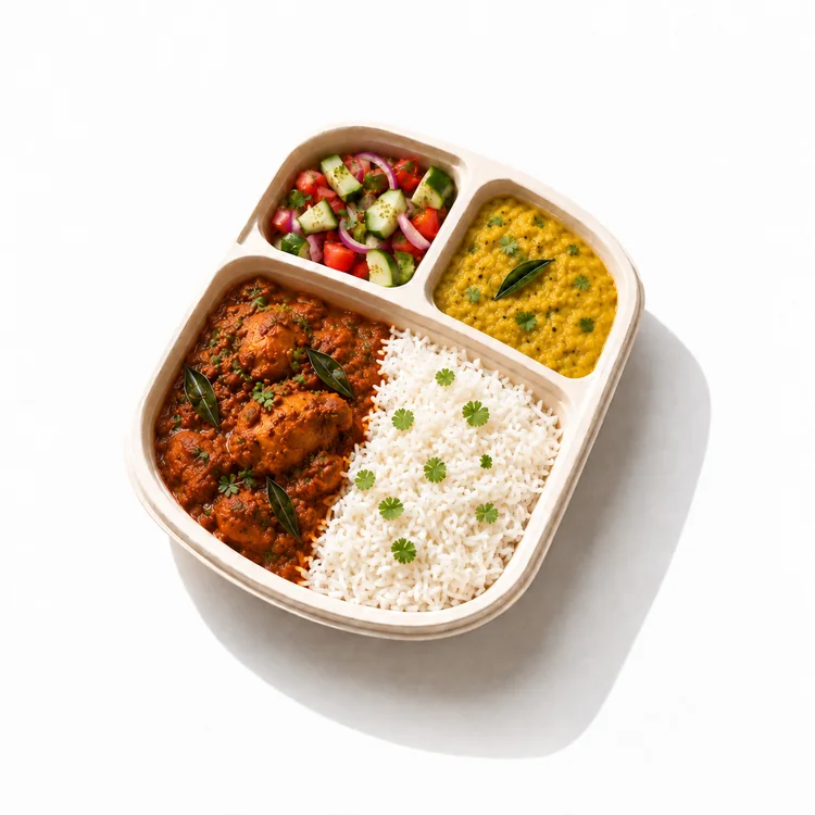 Andhra chicken curry meal with rice, dal and salad for healthy corporate meal delivery in Bangalore