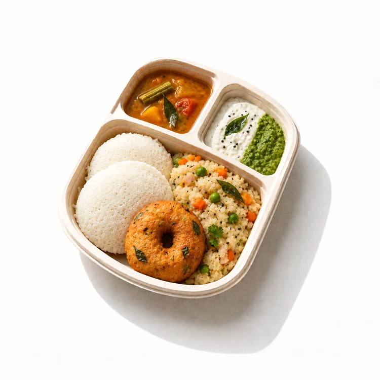 Karnataka breakfast meal with idli, upma, medu vada, sambar and chutneys for corporate catering in Bangalore