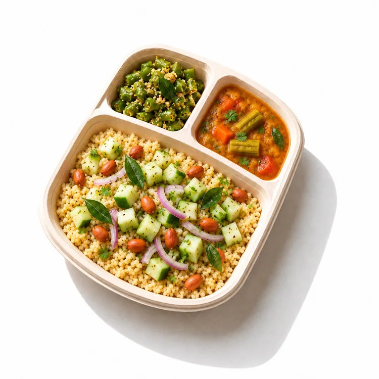 Healthy millet sambar bowl with beans poriyal, peanuts and cucumber salad for corporate meal delivery in Bangalore