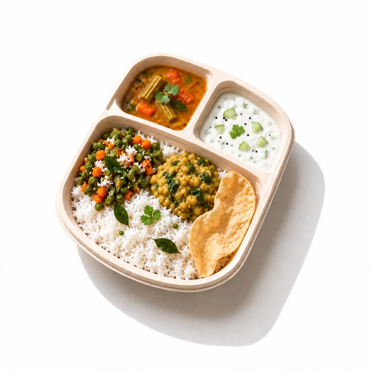Tamil lunch thali with rice, sambar, poriyal, kootu, curd and papad for corporate catering in Bangalore