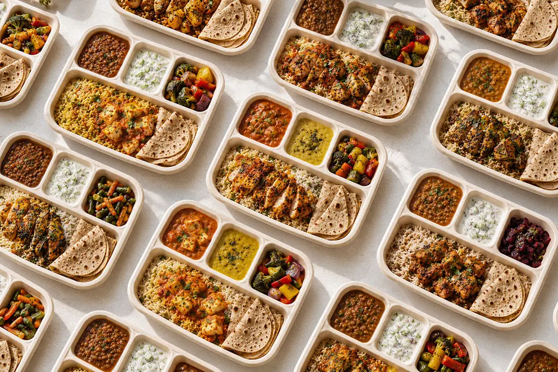 Compartment meal boxes with rotis, dal, paneer and chicken curry, rice and raita for North Indian office catering in Bangalore
