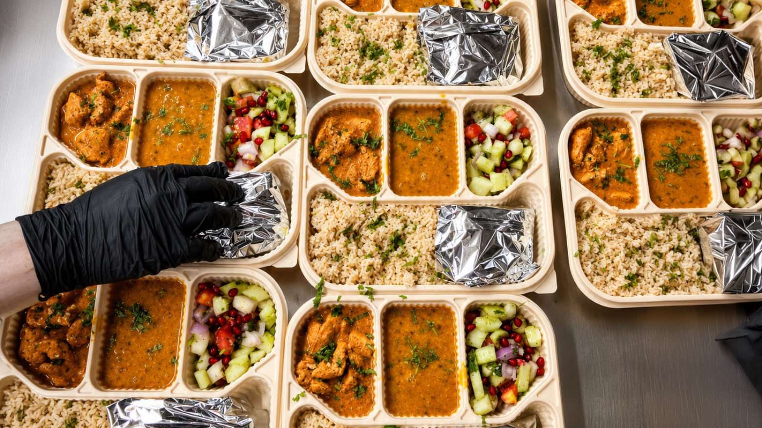 Fresh balanced corporate meal boxes with rice, curry, protein and salad prepared for office lunch delivery in Bangalore.