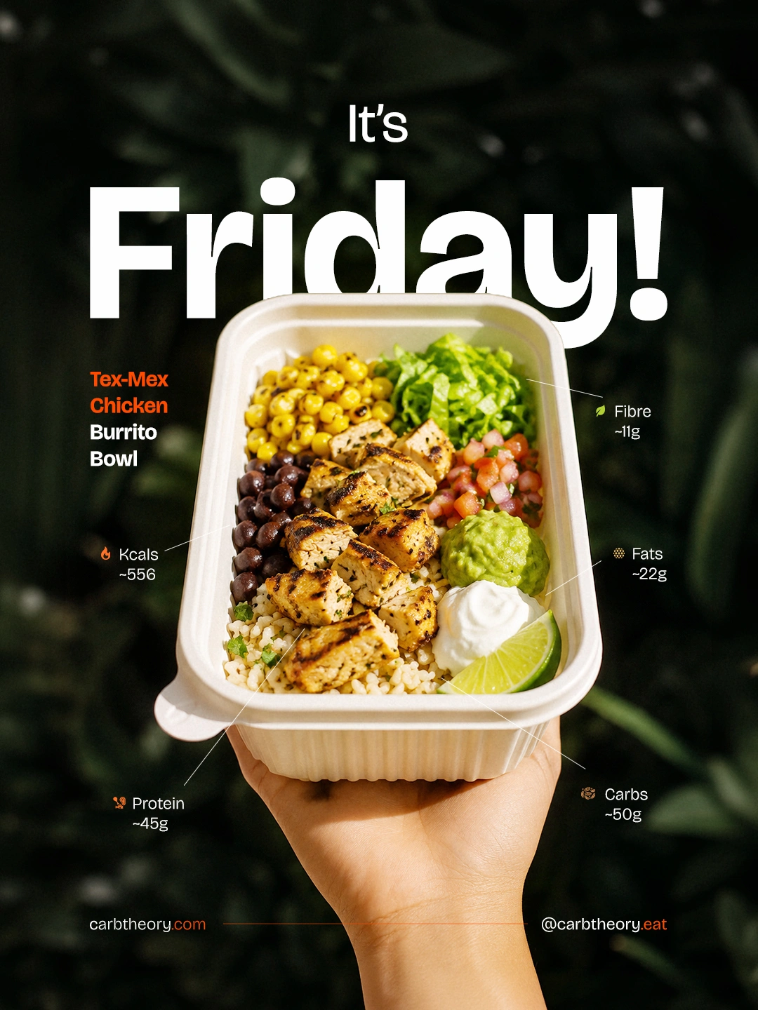 Friday menu featuring Tex-Mex Chicken Burrito Bowl with nutritional breakdown for corporate meals in Bengaluru